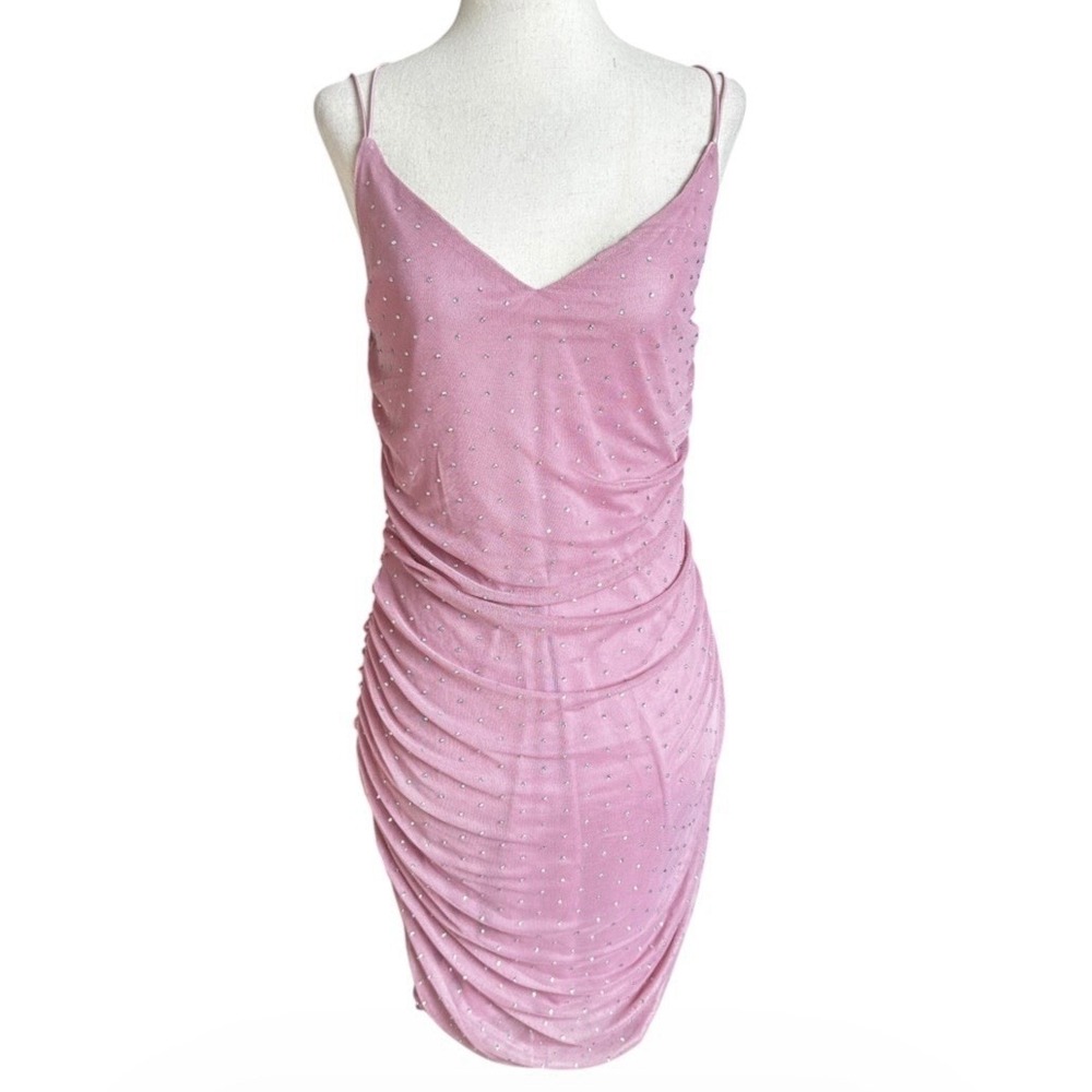 Windsor Pink Mesh Ruched Rhinestone Bodycon V-Neck Dress Party Large | 16-9